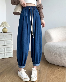 Slim denim carrot pants loose navy blue harem pants