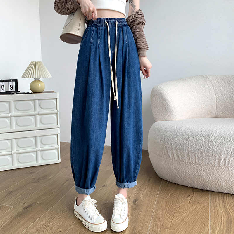 Slim denim carrot pants loose navy blue harem pants