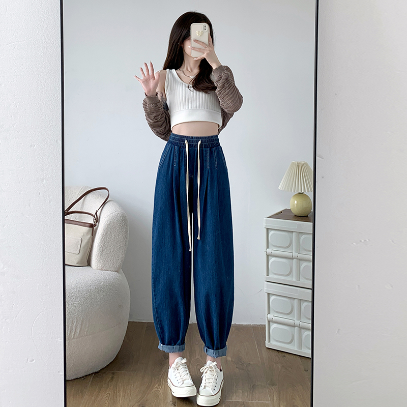 Slim denim carrot pants loose navy blue harem pants