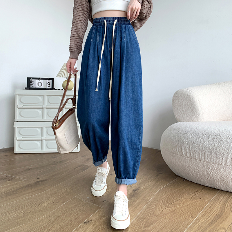 Slim denim carrot pants loose navy blue harem pants