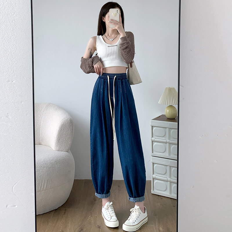 Slim denim carrot pants loose navy blue harem pants