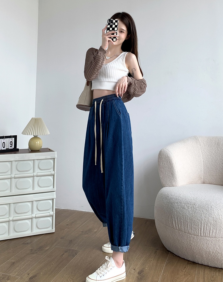 Slim denim carrot pants loose navy blue harem pants