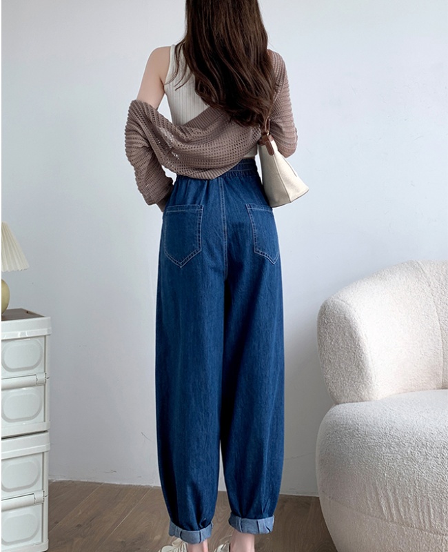 Slim denim carrot pants loose navy blue harem pants