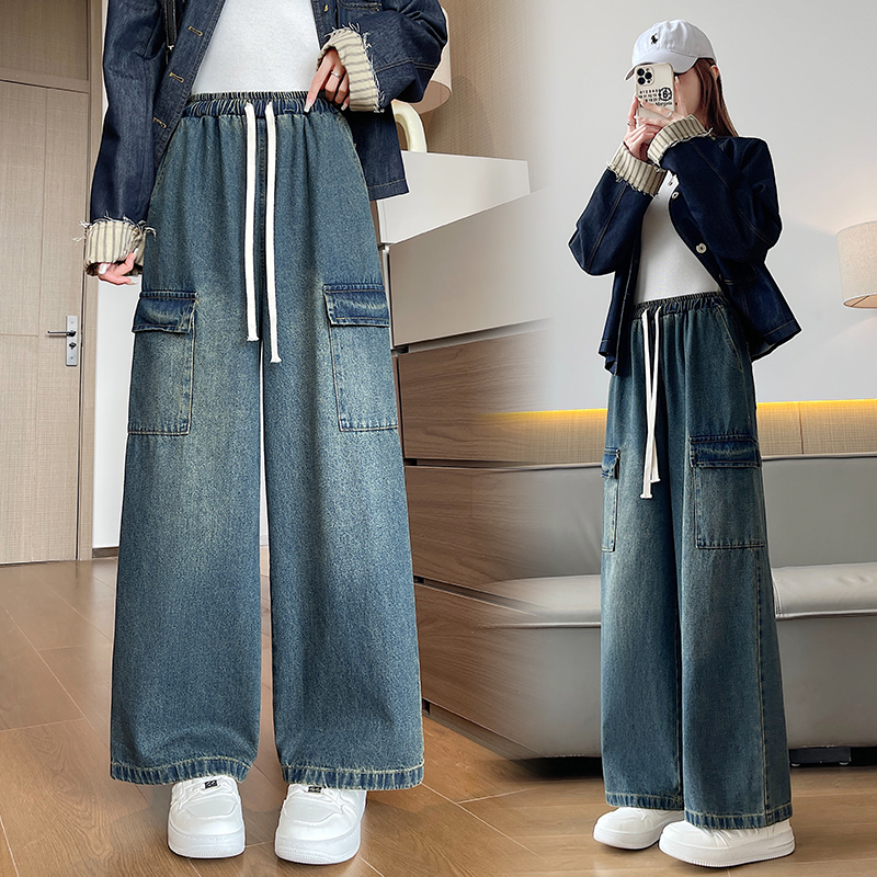 Couples drawstring jeans retro wide leg pants