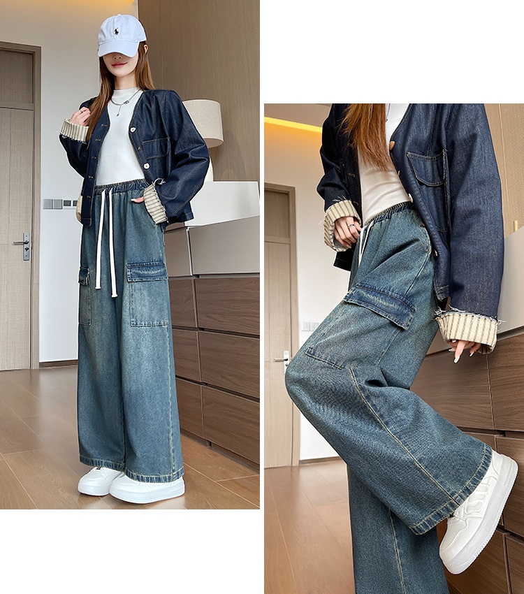 Couples drawstring jeans retro wide leg pants