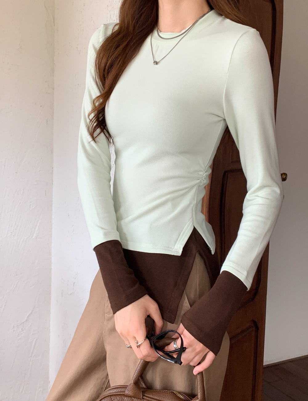 Slim long sleeve bottoming shirt spring Pseudo-two tops
