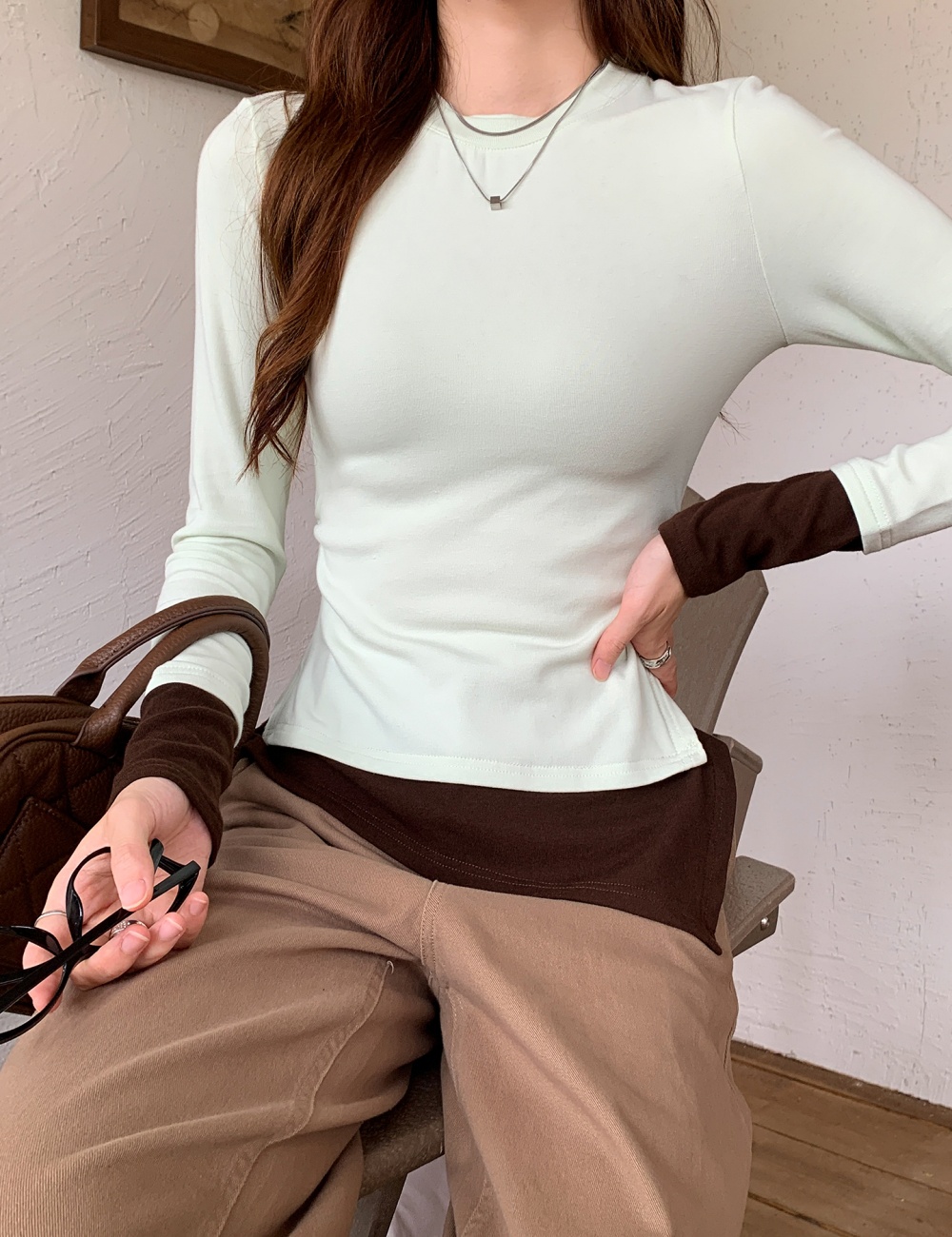 Slim long sleeve bottoming shirt spring Pseudo-two tops
