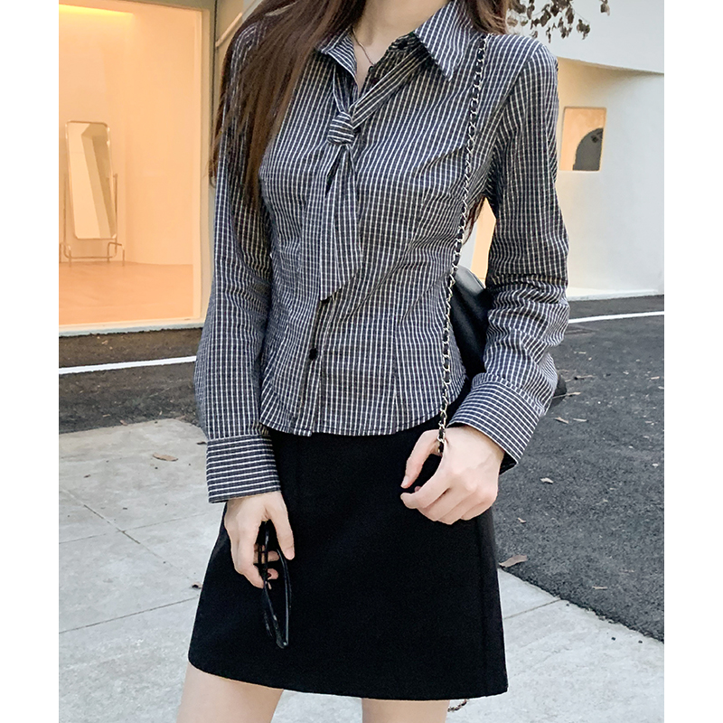 Plaid college style long sleeve black collar spring shirt