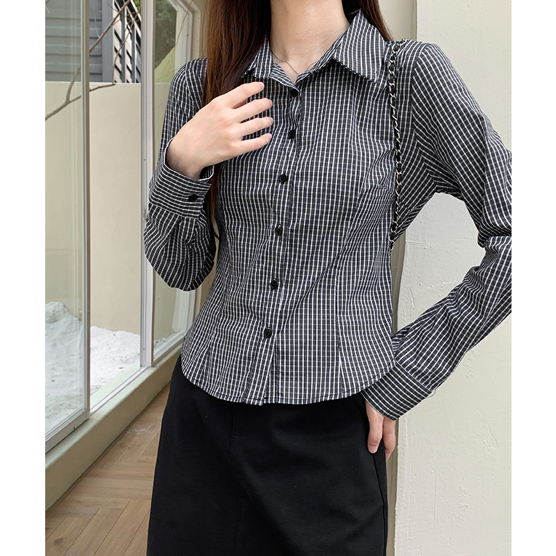 Plaid college style long sleeve black collar spring shirt
