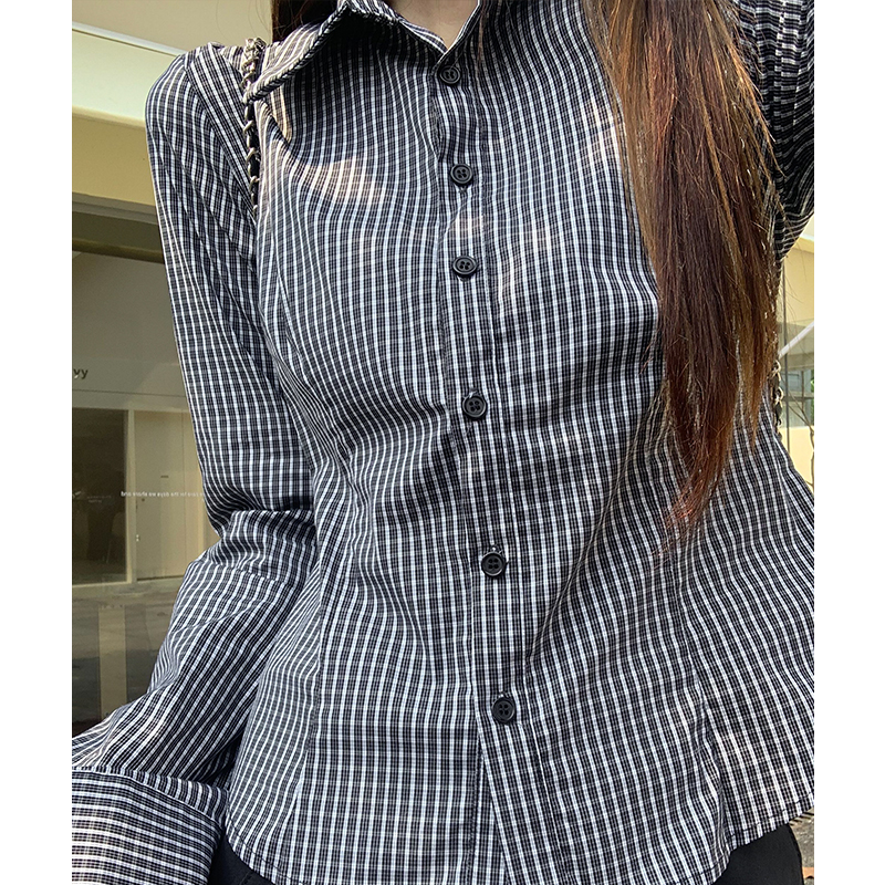 Plaid college style long sleeve black collar spring shirt