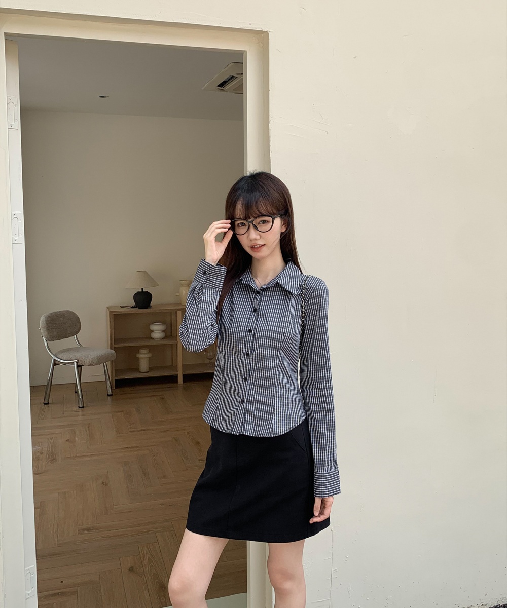 Plaid college style long sleeve black collar spring shirt