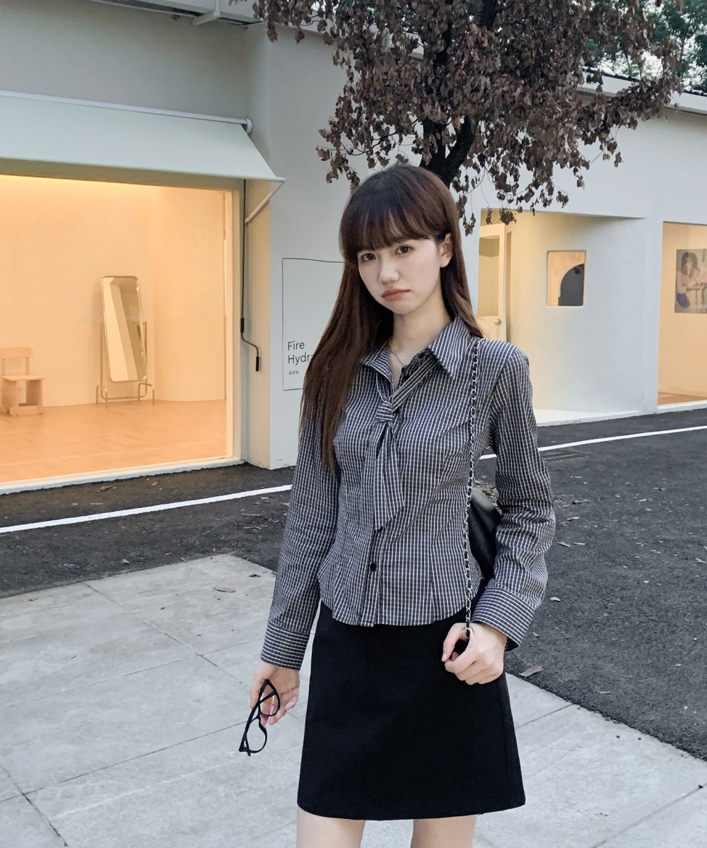 Plaid college style long sleeve black collar spring shirt