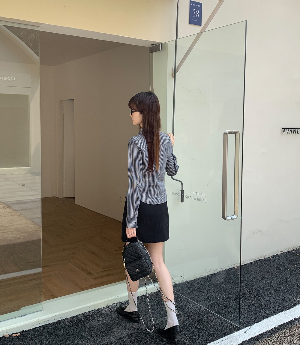 Plaid college style long sleeve black collar spring shirt