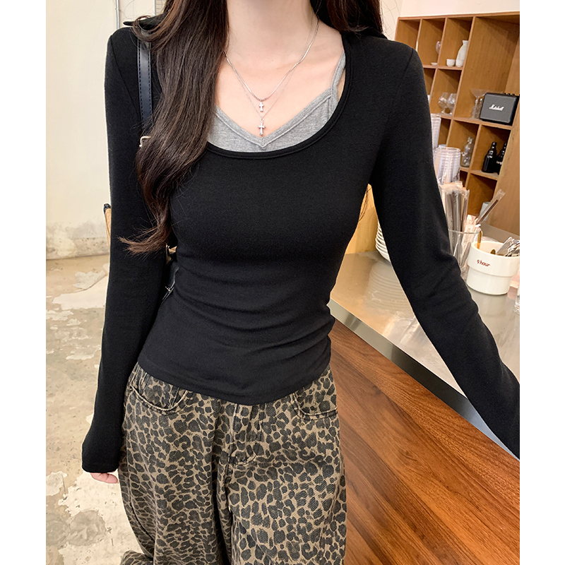 Black inside the ride T-shirt long sleeve V-neck tops