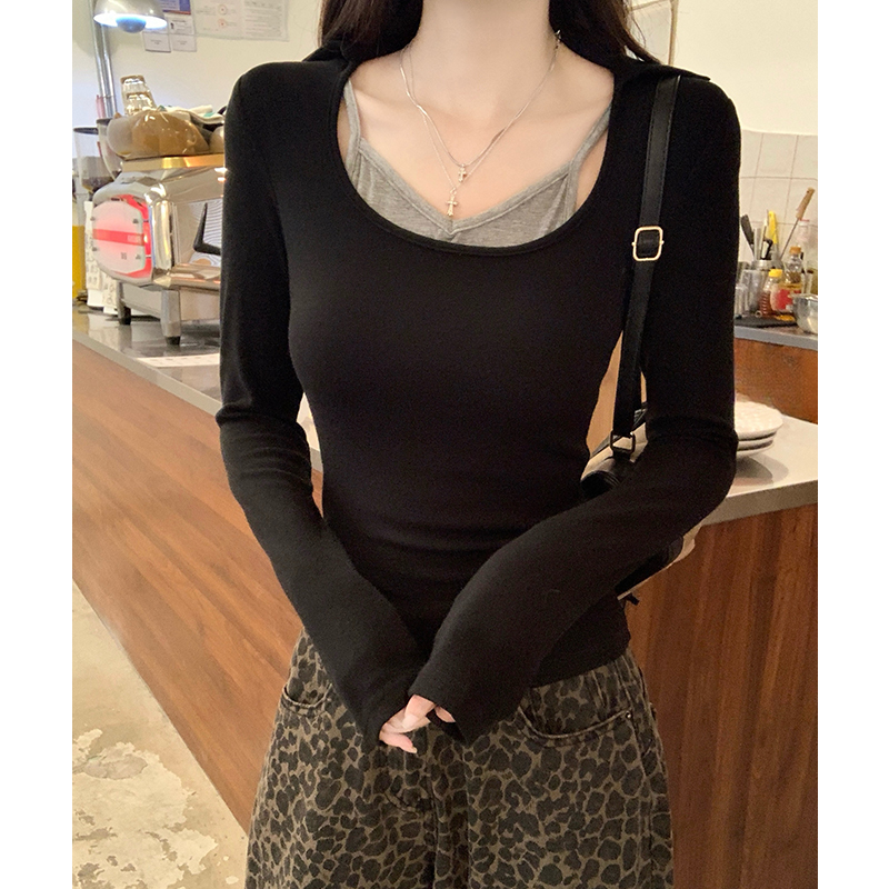 Black inside the ride T-shirt long sleeve V-neck tops