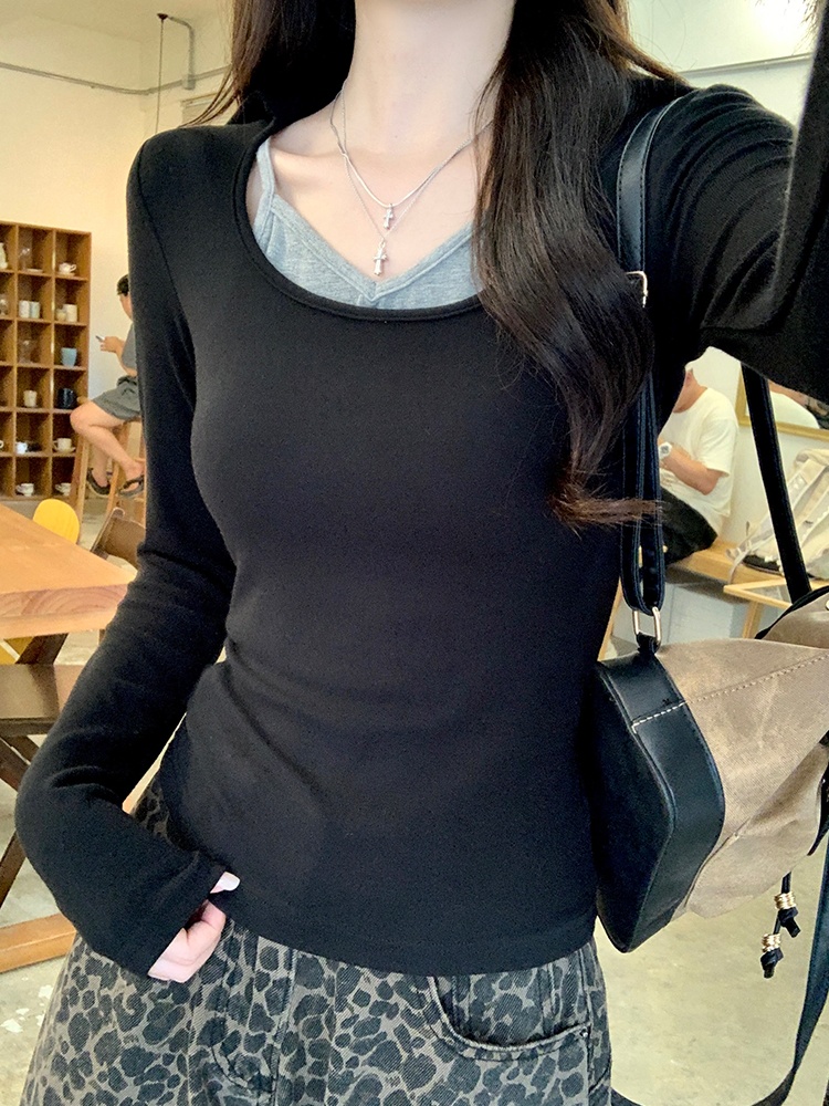 Black inside the ride T-shirt long sleeve V-neck tops