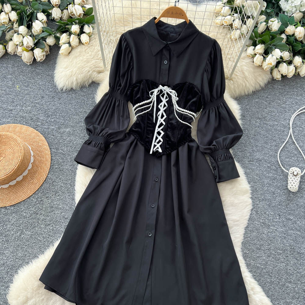 Pseudo-two slim commuting shirt Korean style autumn dress for women