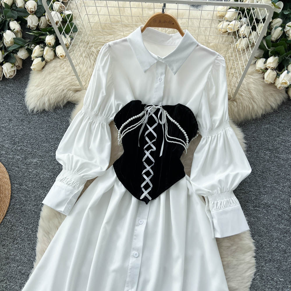 Pseudo-two slim commuting shirt Korean style autumn dress for women