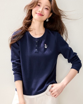 Pseudo-two spring long sleeve shirt embroidery navy-blue tops