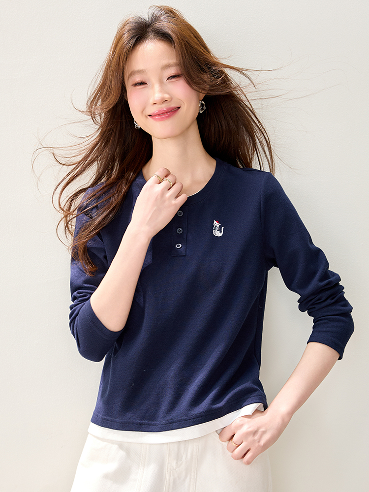 Pseudo-two spring long sleeve shirt embroidery navy-blue tops