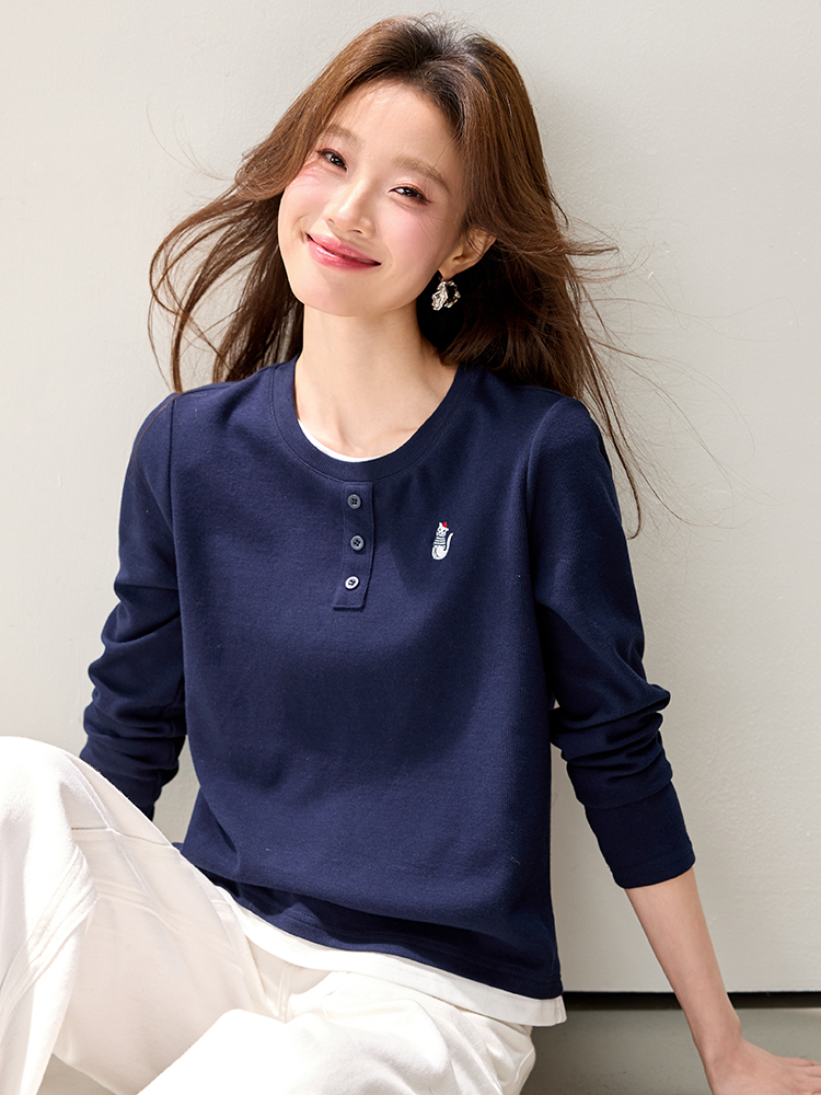 Pseudo-two spring long sleeve shirt embroidery navy-blue tops