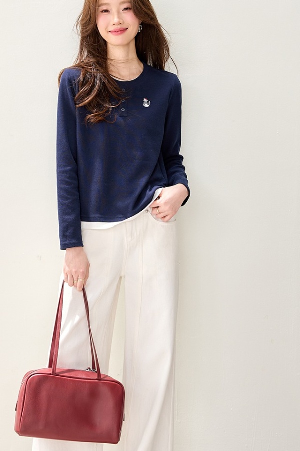 Pseudo-two spring long sleeve shirt embroidery navy-blue tops