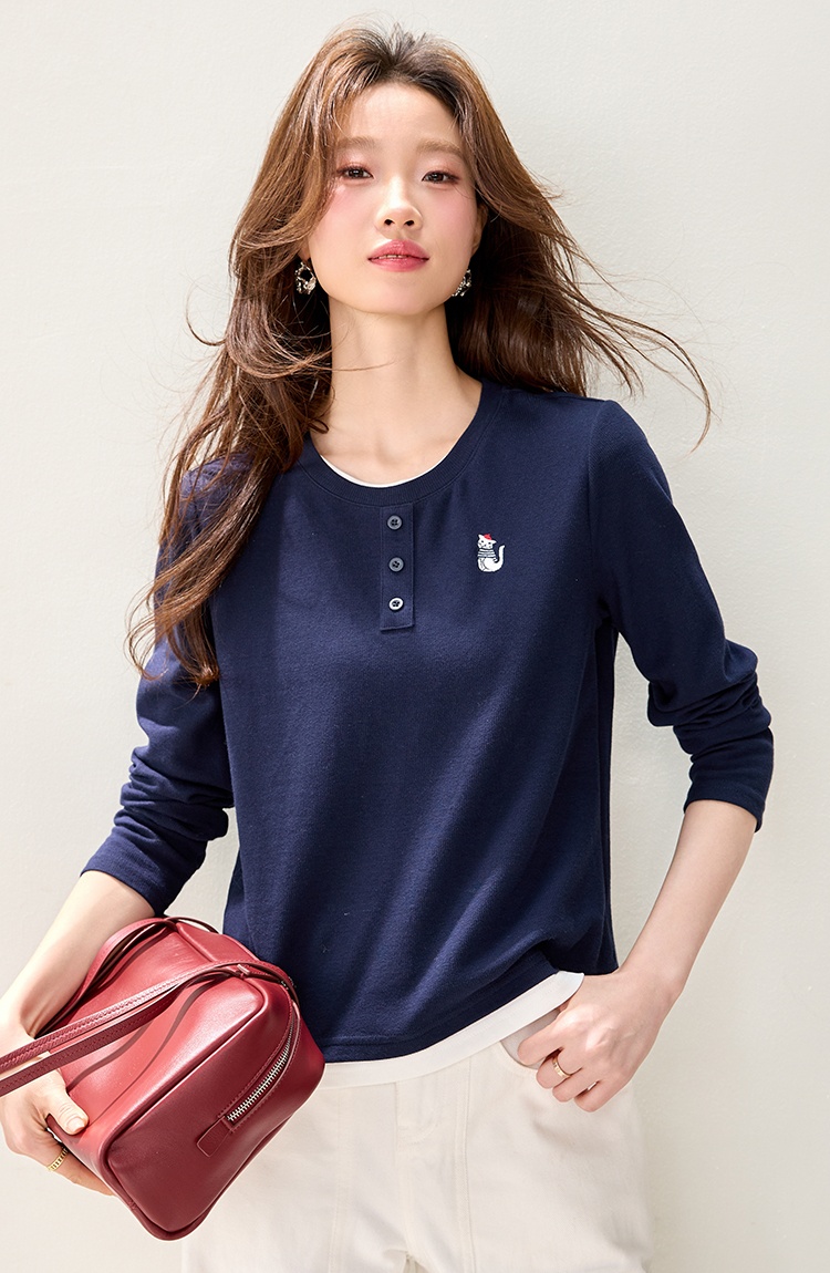 Pseudo-two spring long sleeve shirt embroidery navy-blue tops