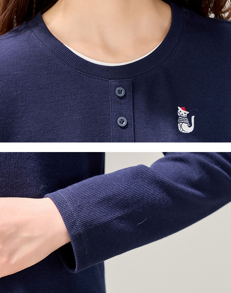 Pseudo-two spring long sleeve shirt embroidery navy-blue tops