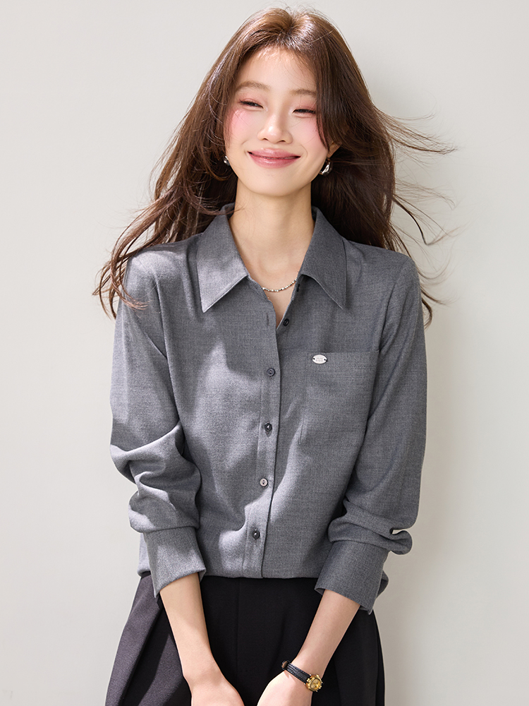Slim temperament spring tops gray France style shirt