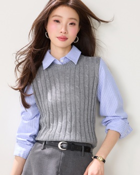 Knitted college style tops spring shirt for women