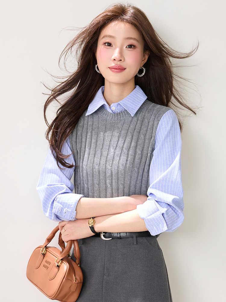 Knitted college style tops spring shirt for women