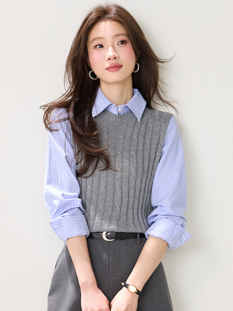 Knitted college style tops spring shirt for women