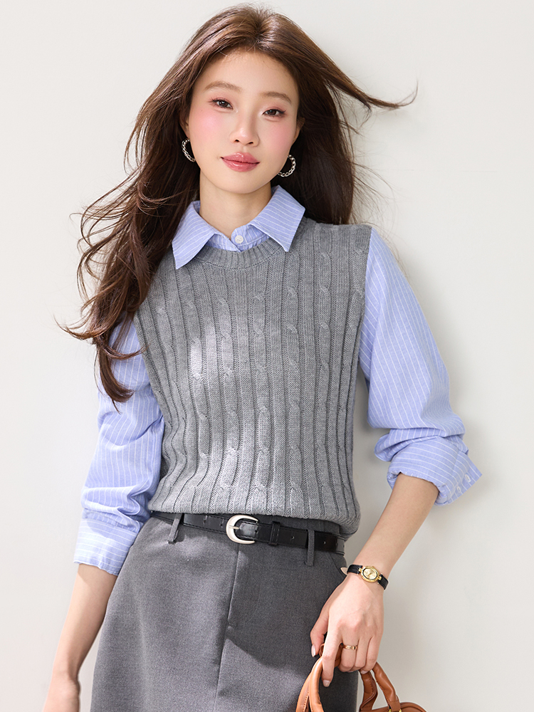 Knitted college style tops spring shirt for women