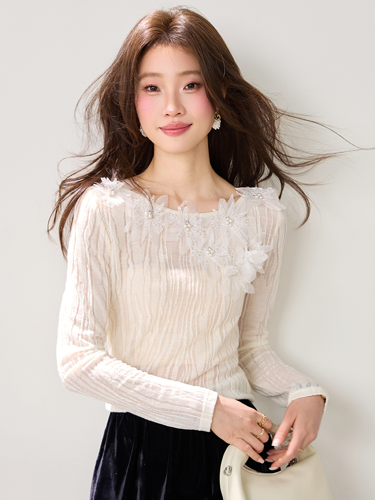 Wool beading flowers T-shirt lace France style tops