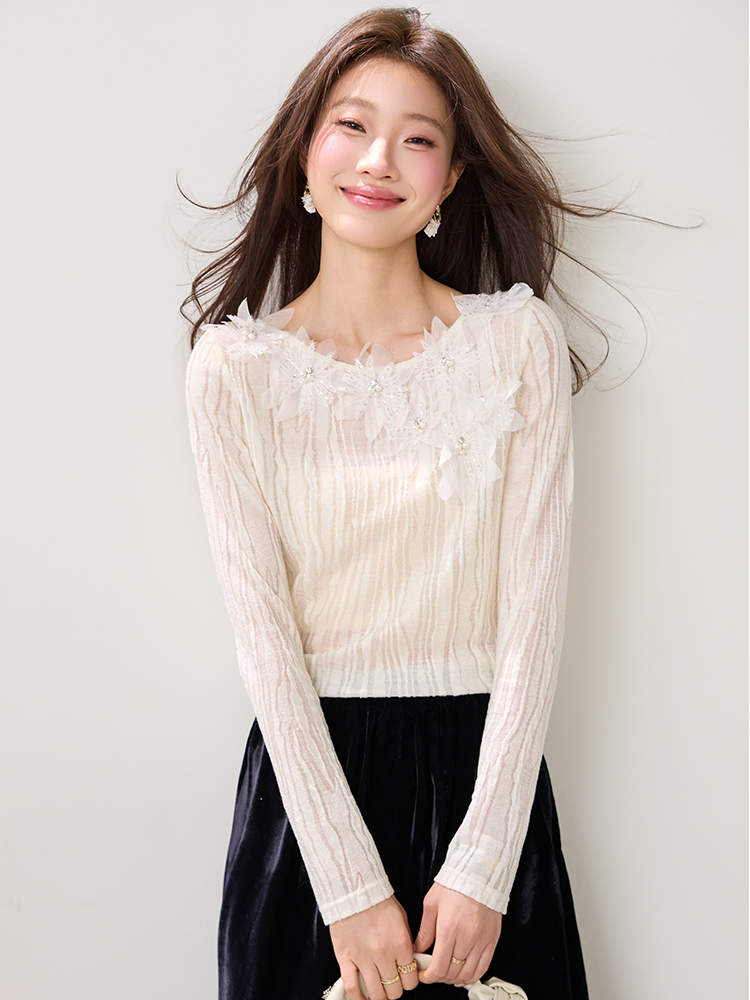 Wool beading flowers T-shirt lace France style tops
