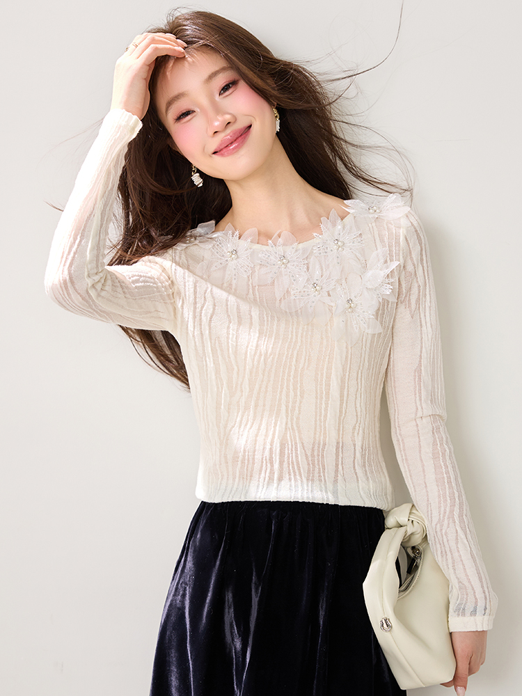 Wool beading flowers T-shirt lace France style tops