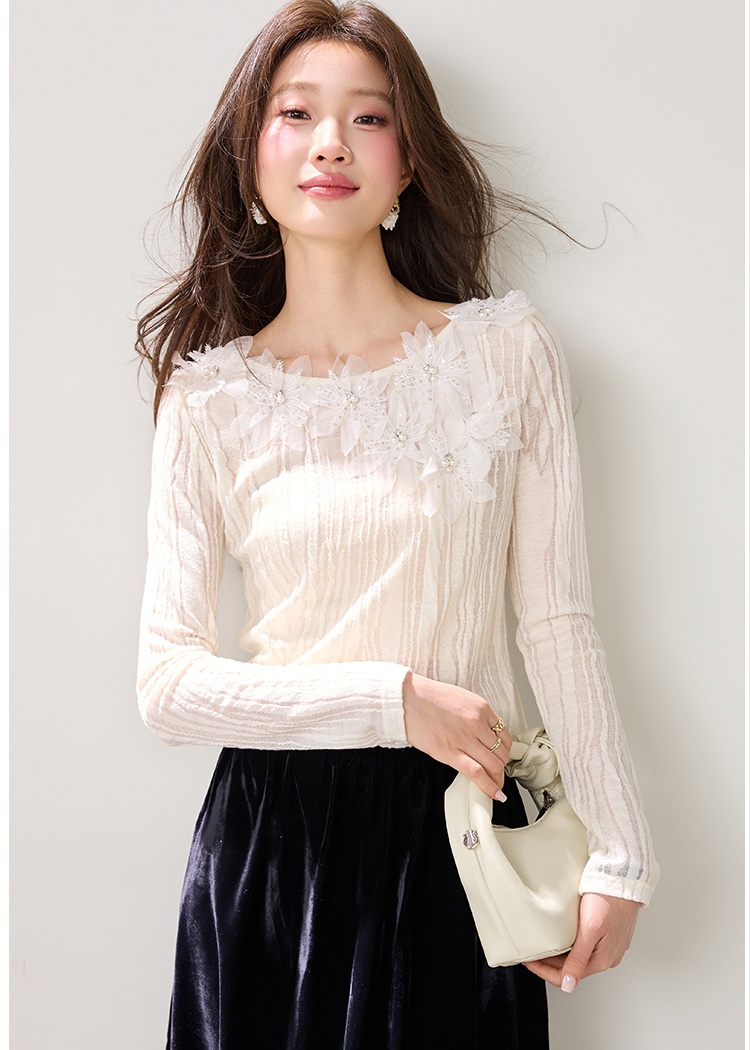 Wool beading flowers T-shirt lace France style tops