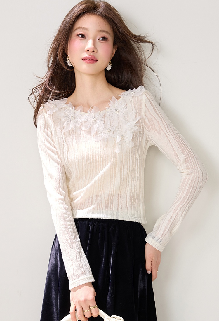 Wool beading flowers T-shirt lace France style tops