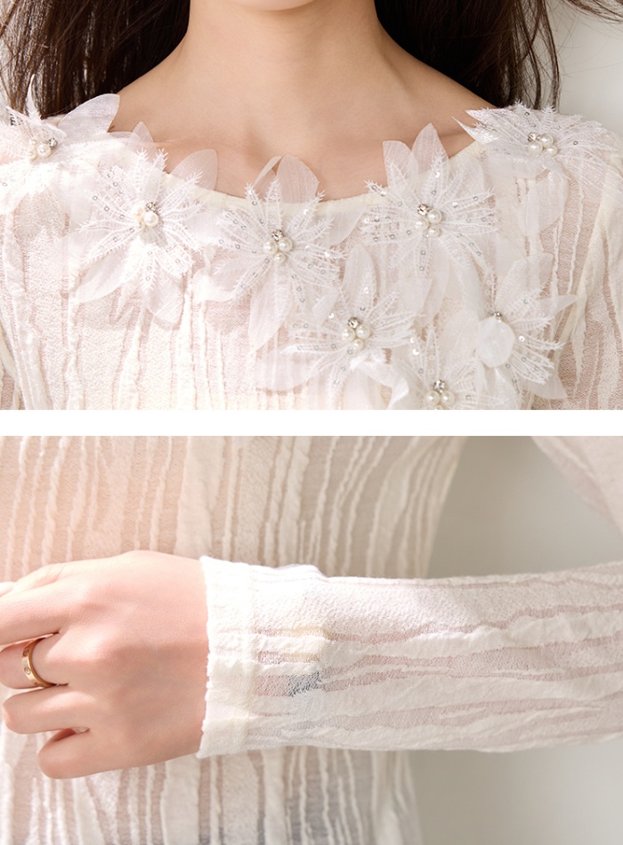 Wool beading flowers T-shirt lace France style tops