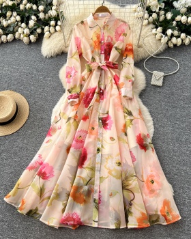 Elegant lapel slim printing long sleeve long dress