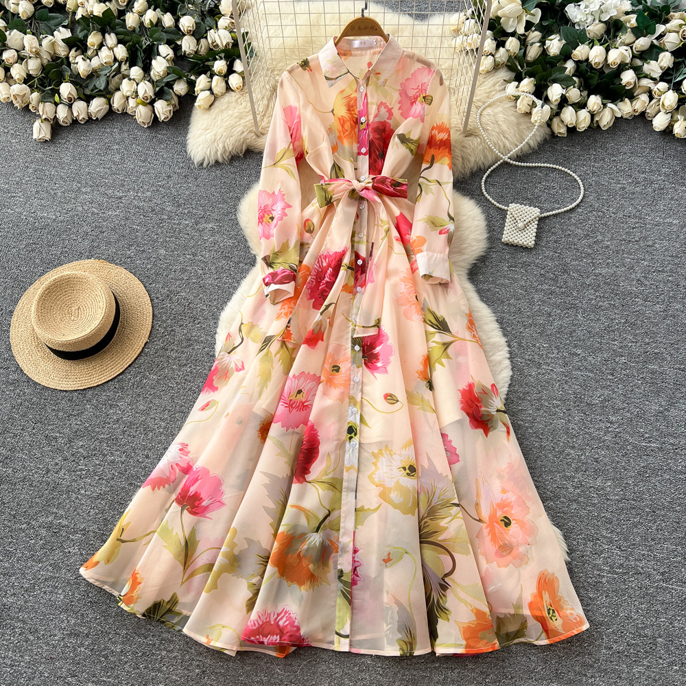 Elegant lapel slim printing long sleeve long dress