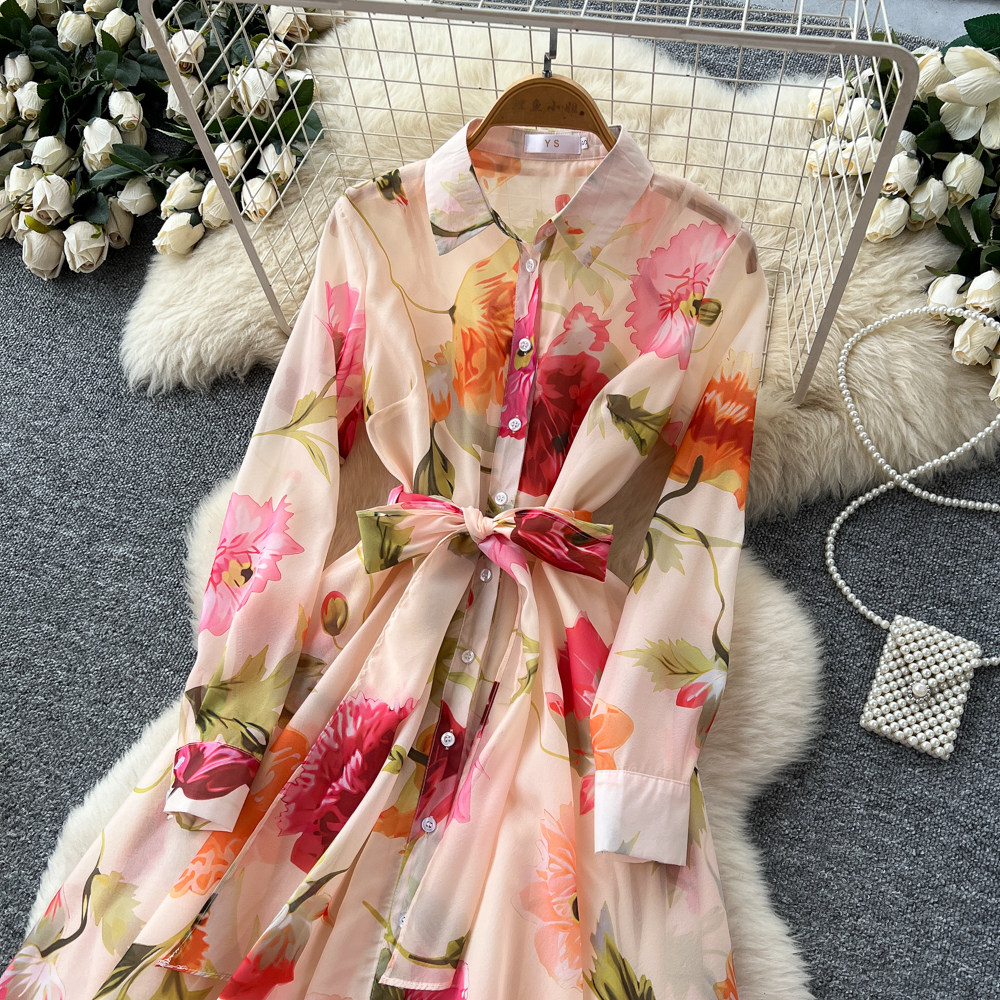 Elegant lapel slim printing long sleeve long dress