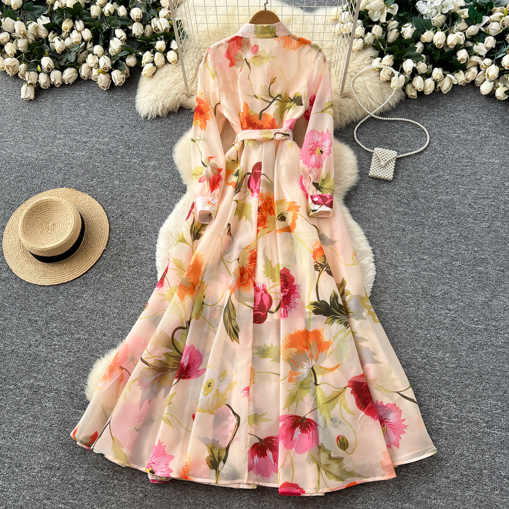 Elegant lapel slim printing long sleeve long dress