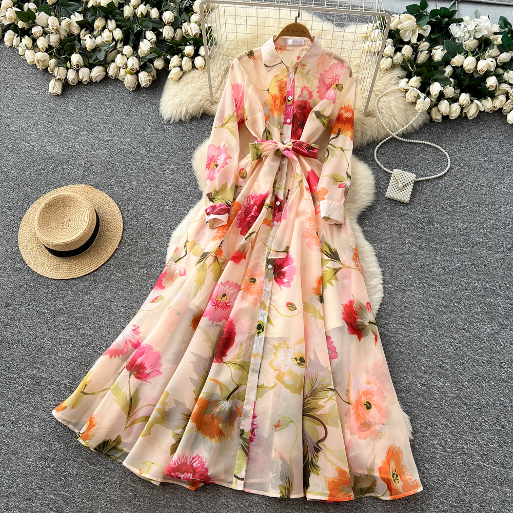 Elegant lapel slim printing long sleeve long dress