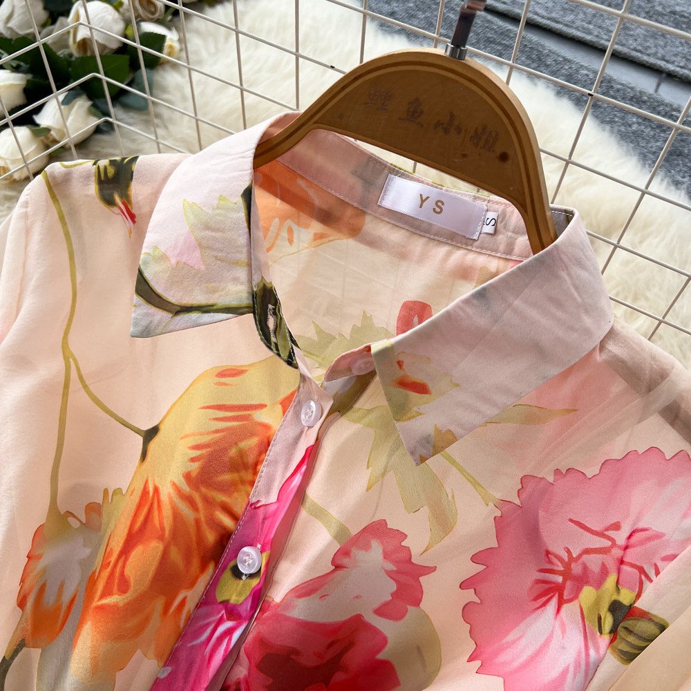 Elegant lapel slim printing long sleeve long dress