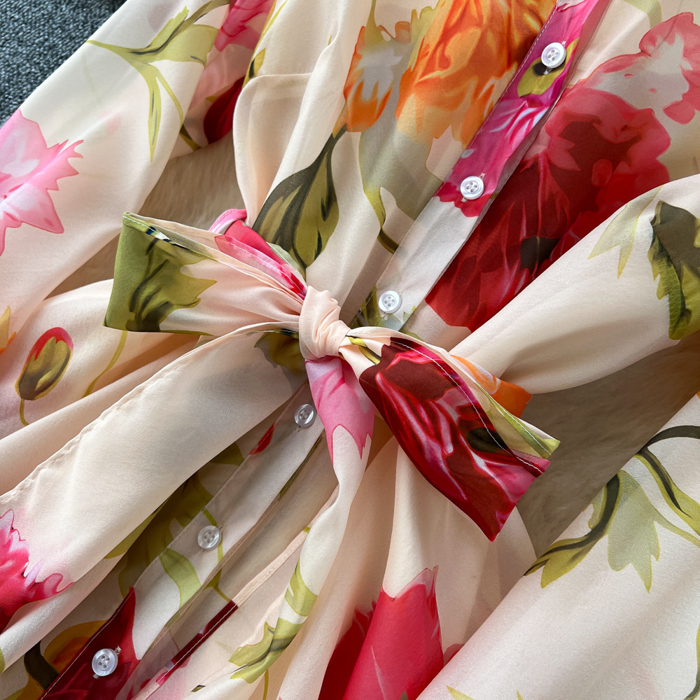 Elegant lapel slim printing long sleeve long dress