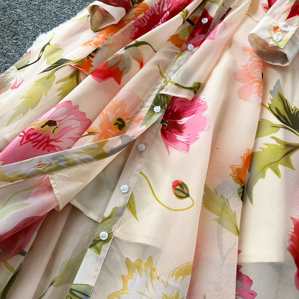 Elegant lapel slim printing long sleeve long dress