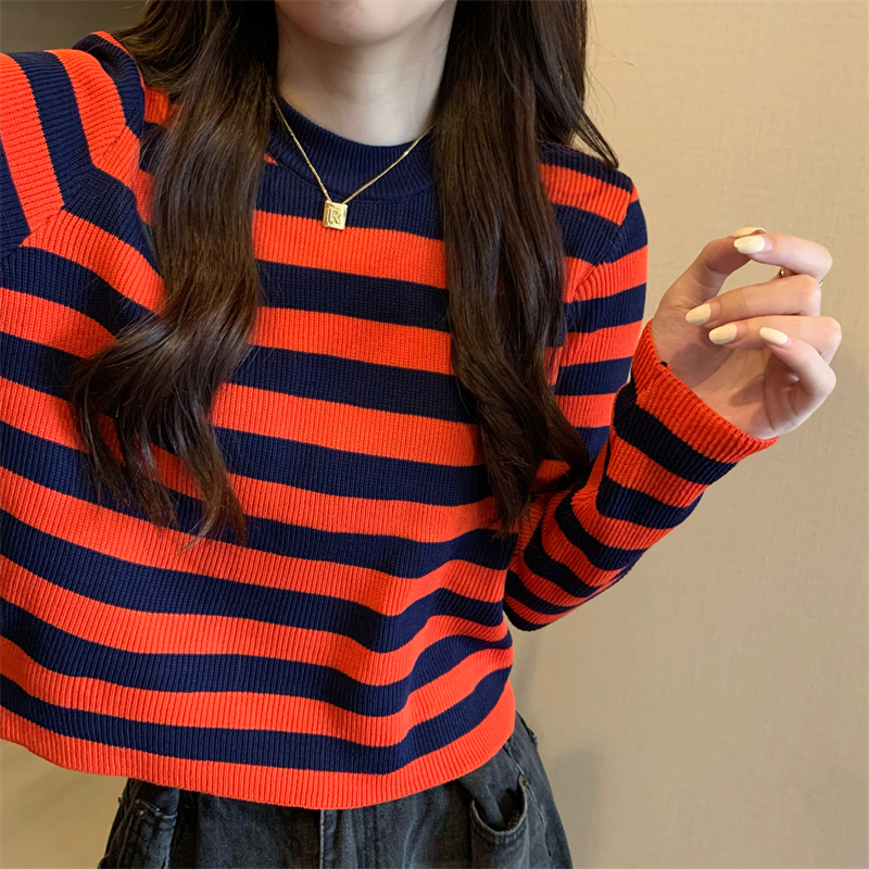 Knitted long sleeve stripe lazy mixed colors tops