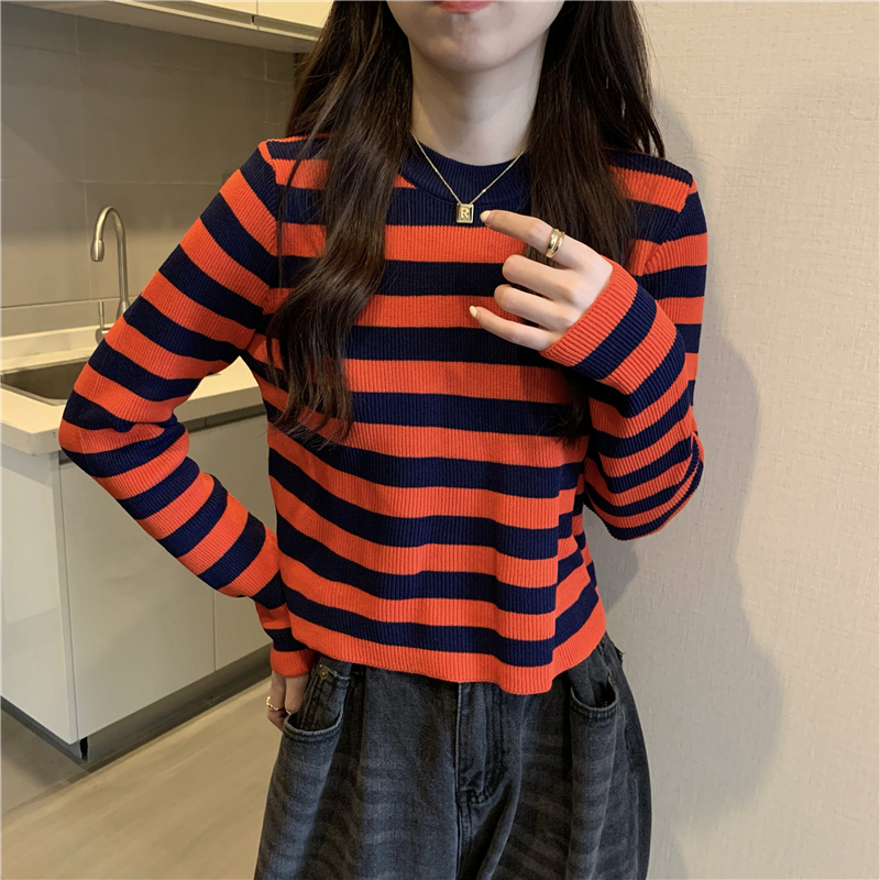 Knitted long sleeve stripe lazy mixed colors tops