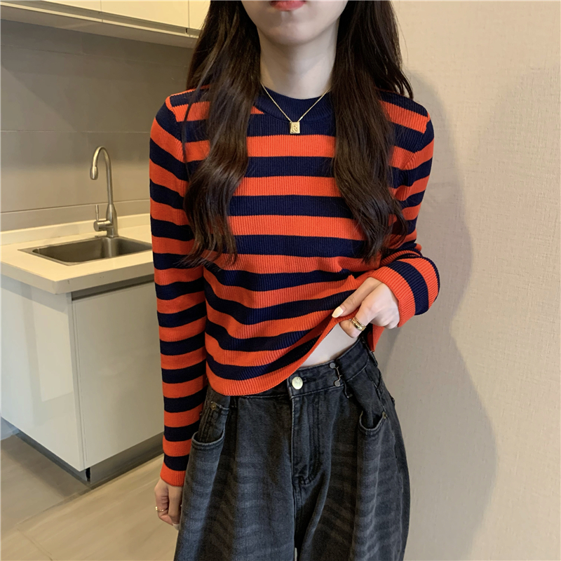 Knitted long sleeve stripe lazy mixed colors tops
